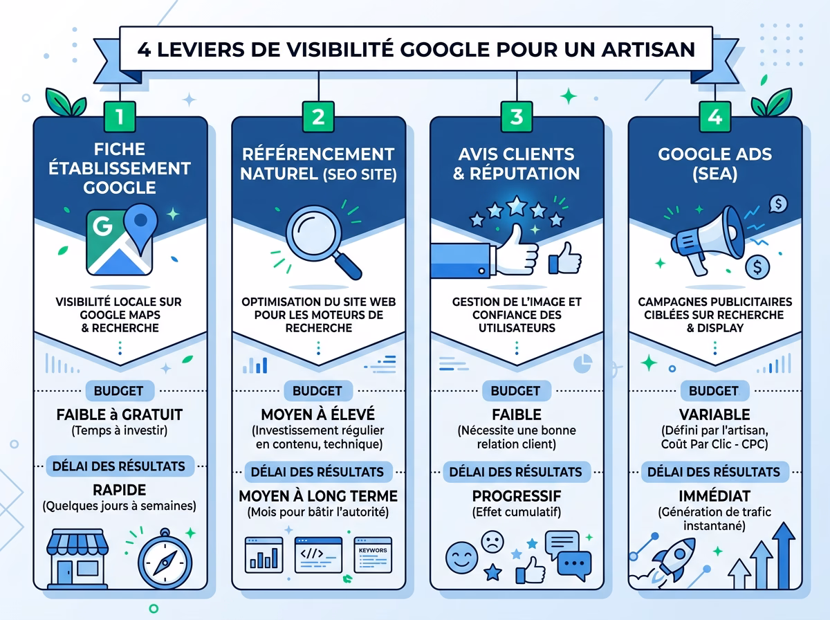 Tableau comparatif des 4 leviers de visibilité Google pour artisan et TPE : fiche Google, SEO local, avis clients, Google Ads