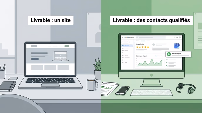 clean editorial split-screen diagram for a French SEO blog article. Left side: generic web agency desk with a finished website mockup on a laptop screen, label in French 'Livrable : un site'. Right side: SEO local specialist desk with a Google Business Profile dashboard showing 5-star reviews, call analytics, and a phone call notification, label in French 'Livrable : des contacts qualifiés'. Minimalist flat illustration, soft natural office light, subtle color split (cool gray on the left, warm green on the right), professional editorial style, 16:9 aspect ratio