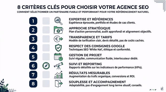Minimalist editorial infographic in French showing a vertical numbered list of 8 criteria for choosing an SEO agency, each row with a small line icon on the left (magnifying glass, folder, euro sign, shield, calendar, compass, bar chart, exit door) and a short French label, navy blue and white palette with one green accent color, clean sober typography, flat design, 4:3 aspect ratio