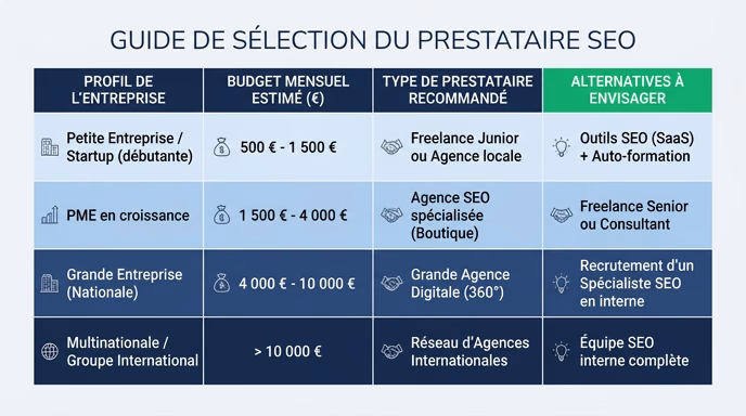 Clean editorial data visualization in French, a 4-row by 4-column decision matrix table comparing company size profiles, monthly budget ranges in euros, recommended SEO provider types and alternatives, rows shaded in a subtle gradient from light blue to darker navy, one green accent column header, sober French typography, flat minimalist style, 4:3 aspect ratio