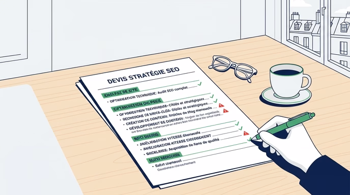 Editorial flat illustration of a printed SEO agency quote document on a desk being reviewed with a green checkmark pen, some lines marked with green checks and two lines marked with red warning flags, a coffee cup and reading glasses beside the document, navy blue green and white palette, clean minimalist French business setting, no readable brand names, 16:9 aspect ratio