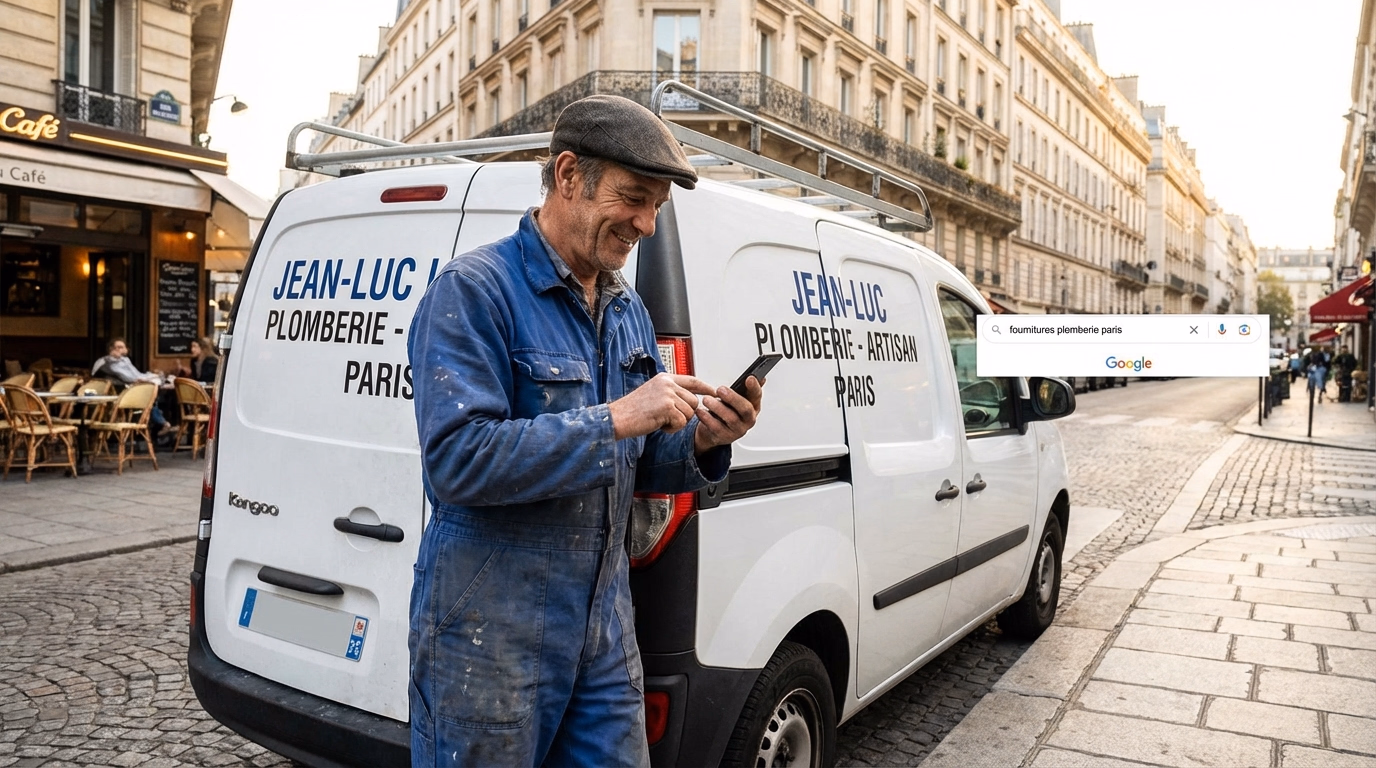 Artisan consultant son smartphone pour rechercher un professionnel