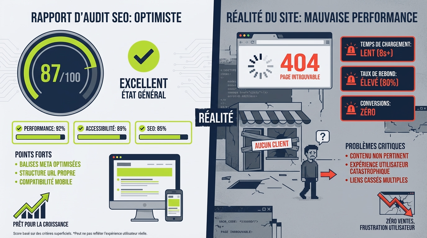Dashboard d'un outil d'audit SEO affichant un score trompeur de 87/100