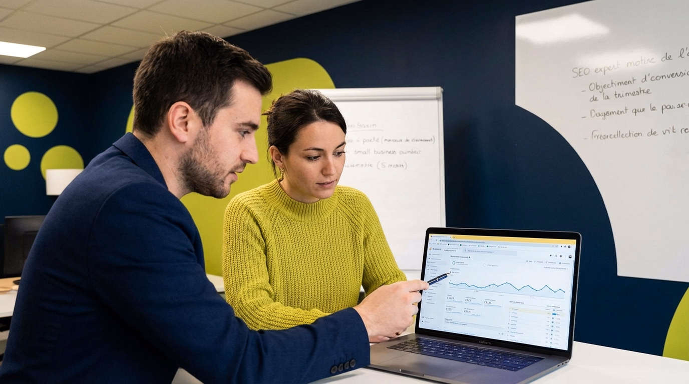 Expert SEO analysant un site web avec un client