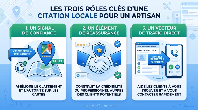 Editorial flat infographic showing the three roles of a local citation for a tradesperson: a trust signal arrow pointing to a Google map pin, a reassurance icon (handshake), and a direct-traffic icon (arrow from a directory page to a phone). Clean blue and white palette with a green accent, French context, no readable brand names, 16:9.