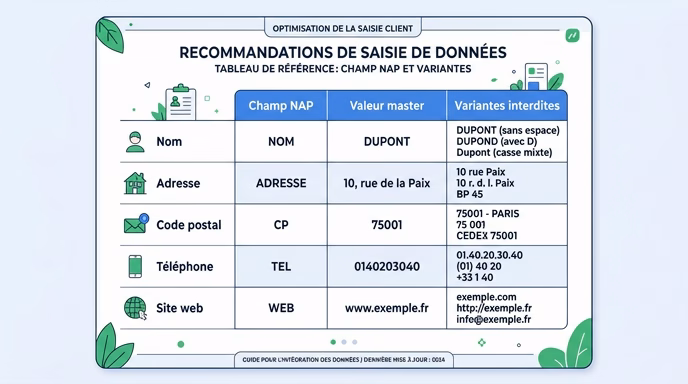 Minimalist editorial flat infographic of a 3-column reference table labeled 'Champ NAP', 'Valeur master', 'Variantes interdites', with five rows (Nom, Adresse, Code postal, Téléphone, Site web), a tiny icon left of each row, blue and white palette with a green accent, generic readable French text, 4:3.