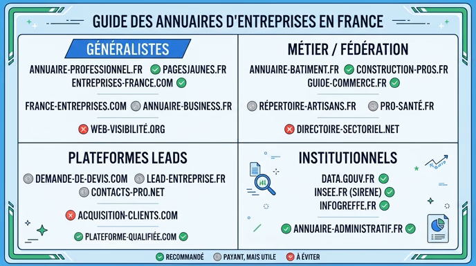 Vector flat infographic split into four quadrants labeled 'Généralistes', 'Métier / fédération', 'Plateformes leads', 'Institutionnels', each quadrant holding three or four generic French directory names in sober text, color-coded green for recommended, grey for paid-but-useful, red for avoid, blue and white palette with a green accent, 4:3.