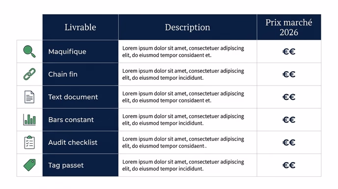 Minimalist editorial infographic: a pricing table with 6 rows and 3 columns labeled in French 'Livrable', 'Description', 'Prix marché 2026'. Tiny icons on the left of each row (magnifying glass, chain link, text document, bar chart, clipboard audit, tag). Navy blue and white palette with a green accent color. Clean readable typography, generic French placeholder text, no exact figures, just '€€' symbols. 4:3 aspect ratio, quotable infographic style