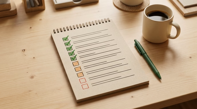 Editorial minimalist photo-style illustration: an A4 notepad on a light wood craftsman desk, showing a 10-item checklist with 5 green checked boxes, 3 orange pending boxes and 2 red unchecked boxes. A ballpoint pen beside it and a cup of coffee. Three-quarter overhead view. Natural wood palette with a green accent. No readable text. 4:3 aspect ratio