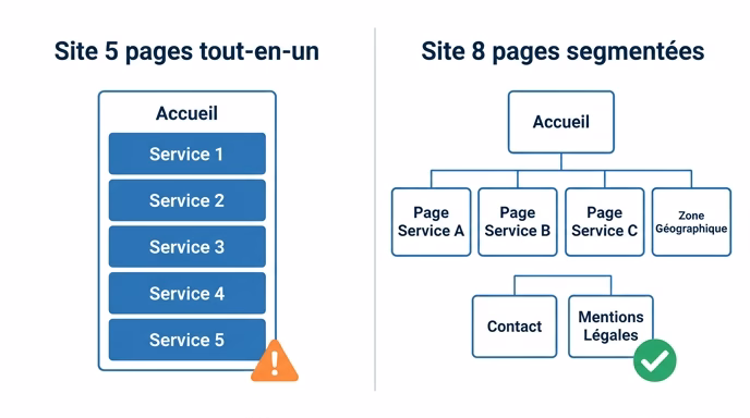 Comparison infographic side by side showing two website structures: left side labeled 'Site 5 pages tout-en-un' with a single 'Accueil' page containing 5 crammed service blocks and a small orange warning icon, right side labeled 'Site 8 pages segmentees' with an 'Accueil' box plus 3 dedicated service page boxes, 1 zone page, contact and legal boxes in a clean tree, with a green checkmark, flat design, French labels, blue and orange color scheme, white background, 16:9 aspect ratio