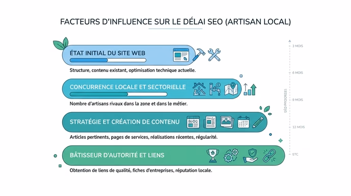 Clean flat-vector infographic showing four stacked factors that influence SEO timeline for a local tradesperson, each factor as a labeled horizontal bar of increasing length, blue-to-green gradient, minimalist editorial style, French labels omitted, 16:9 aspect ratio, white background