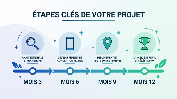 Horizontal timeline infographic with four milestones labeled month 3, month 6, month 9, month 12, each with a simple icon (magnifying glass, smartphone, location pin, trophy), blue-to-green gradient, flat minimalist vector style, clean lines, 16:9 aspect ratio