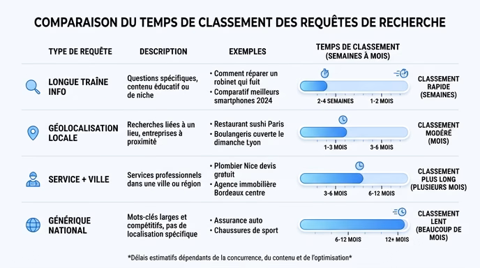 Editorial comparison table visual showing four types of search queries as rows (long-tail info, local geo, service plus city, national generic), each with a horizontal gauge bar on the right indicating time-to-rank from weeks to many months, blue gradient bars, clean flat vector style, white background, 16:9