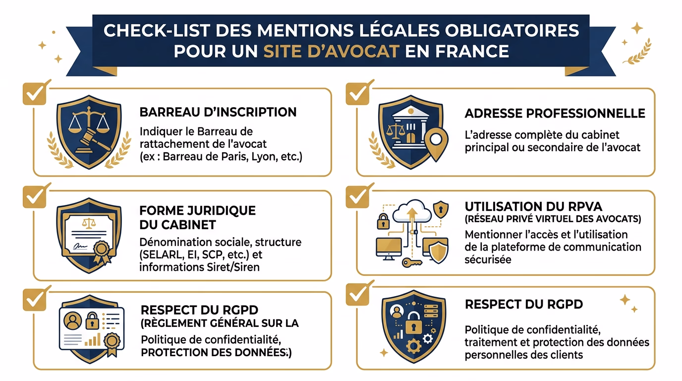 Schema des mentions deontologiques obligatoires sur un site internet d'avocat conforme CNB