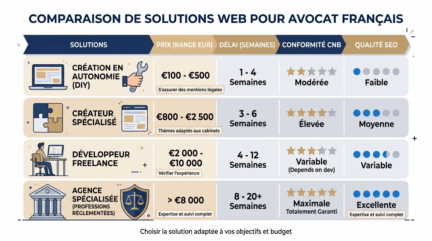 Comparatif des 4 solutions pour creer un site d'avocat : DIY, builder dedie, freelance et agence specialisee