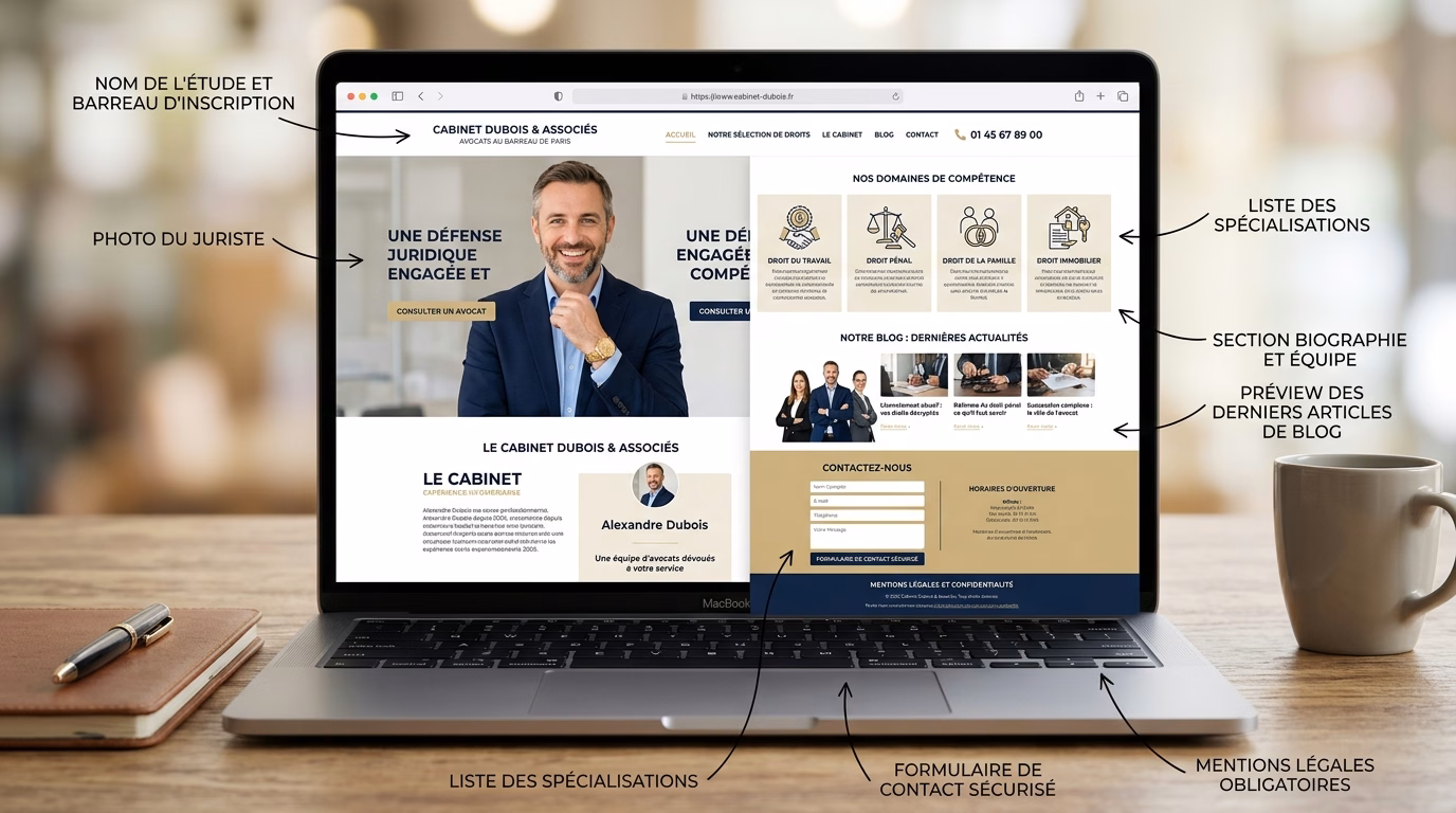 Exemple de site internet d'avocat avec specialisations, biographie, formulaire de contact et mentions deontologiques