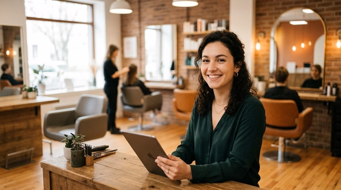 Modern hair salon interior with warm natural lighting, a stylist in foreground smiling while looking at a tablet showing a booking interface, mirrors and styling chairs softly out of focus in background, real photography style, warm color palette, shallow depth of field, no text or logos visible