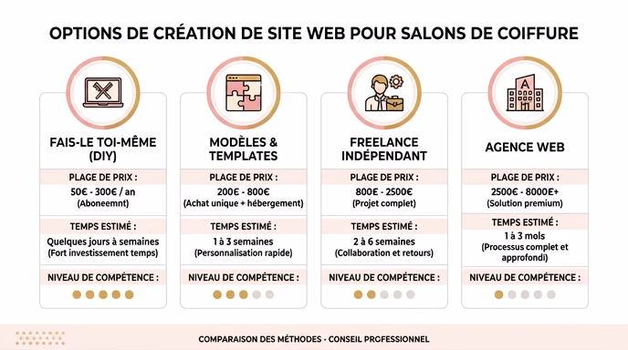 Clean comparison infographic on white background showing 4 website creation options for hair salons arranged horizontally: DIY with laptop icon, Template with puzzle icon, Freelancer with person icon, Agency with building icon. Each option has price range below in EUR, time estimate, and skill level dots. Flat minimalist design, soft pink and warm gold accent colors, French language labels, professional editorial style, no people