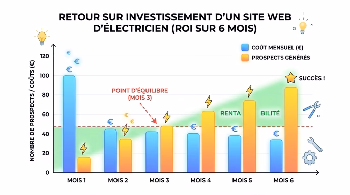Simple bar chart infographic showing return on investment for an electrician website over 6 months: monthly cost vs monthly leads generated, breakeven point highlighted at month 3, upward trend, clean minimal design, yellow and blue gradient bars on white background, French labels