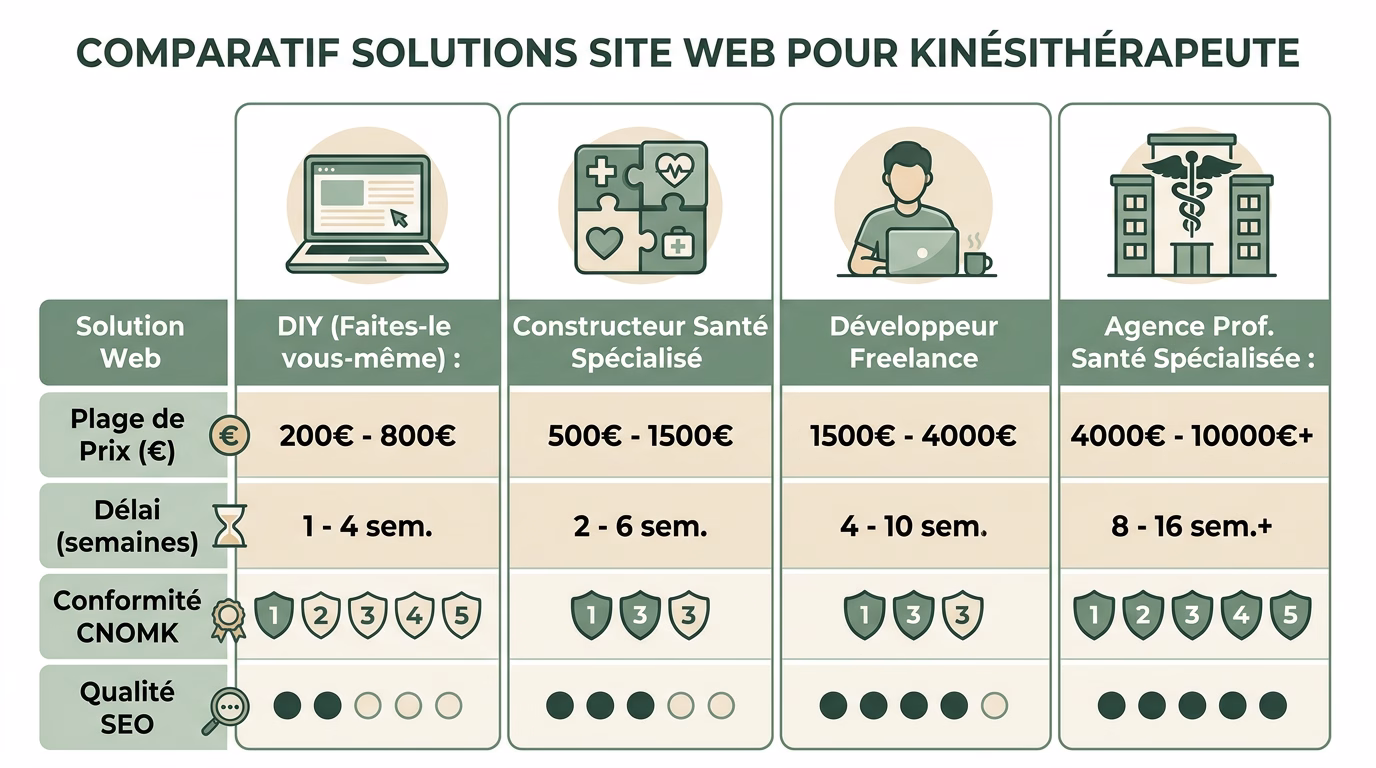 Comparatif des 4 solutions pour creer un site de kinesitherapeute : DIY, builder sante, freelance et agence specialisee