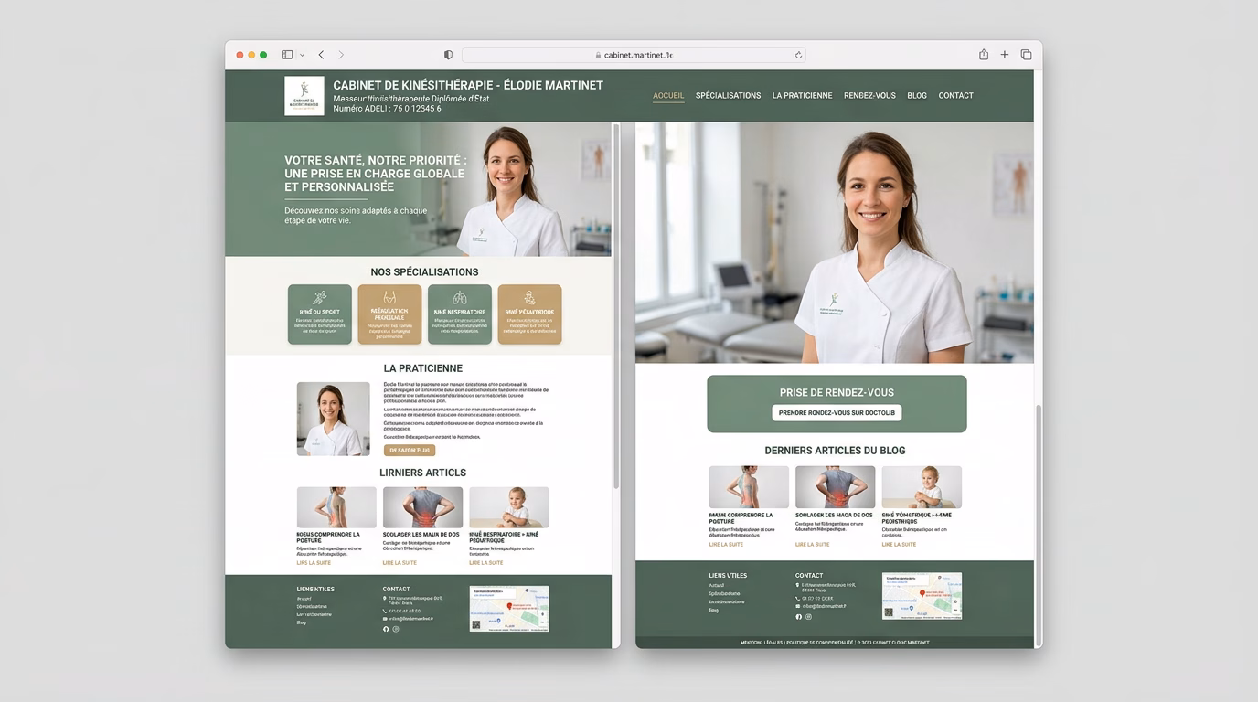 Exemple de site internet de kine avec specialisations, biographie, prise de RDV Doctolib et mentions deontologiques