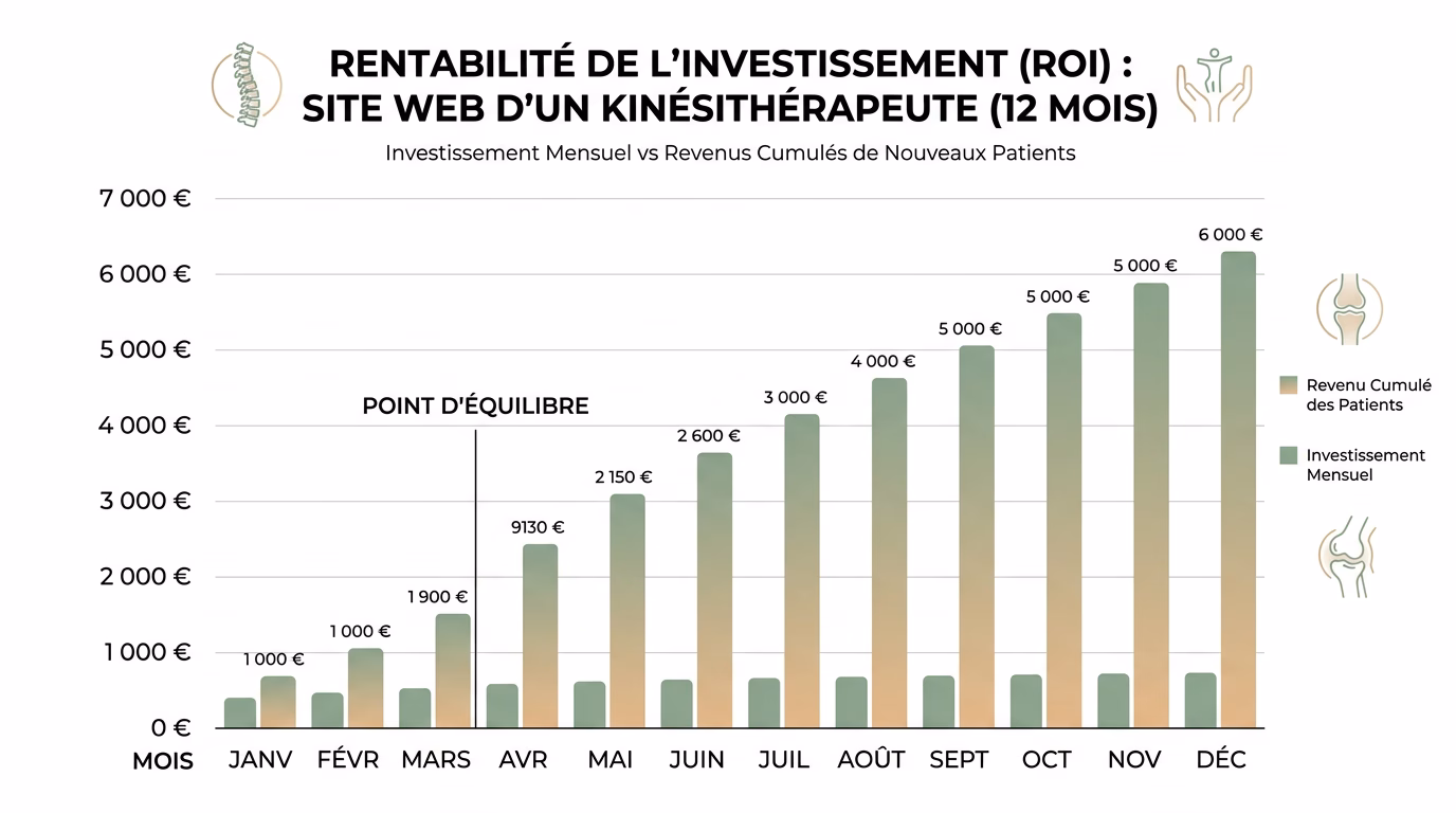 Graphique du retour sur investissement d'un site internet pour kine sur 12 mois