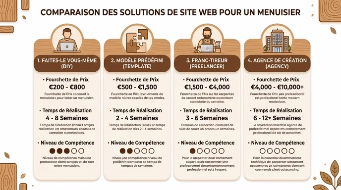 Comparatif des 4 solutions pour creer un site de menuisier : DIY, template, freelance et agence