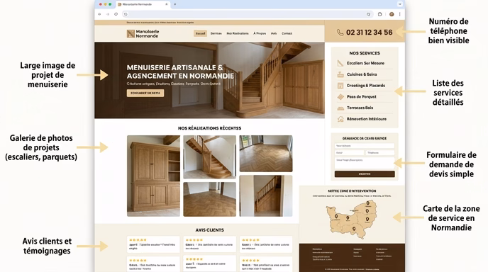 Exemple de site internet menuisier avec galerie portfolio, page services, formulaire devis et zone d'intervention