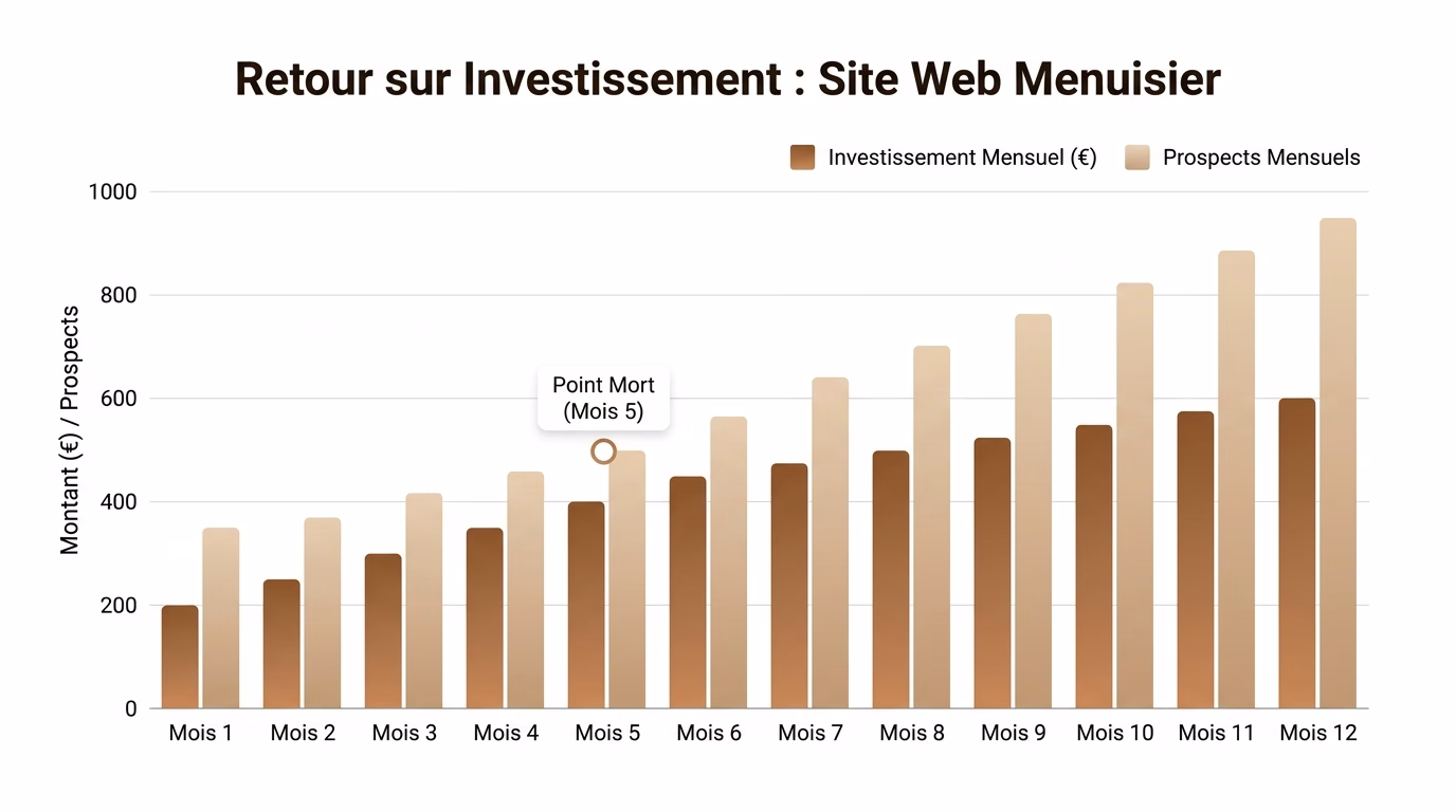 Graphique du retour sur investissement d'un site internet pour menuisier sur 12 mois