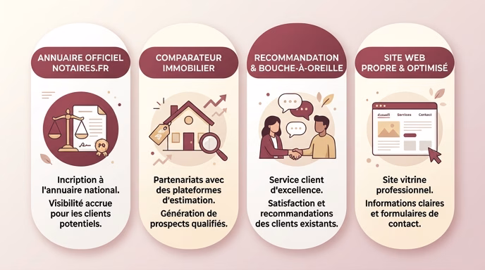 A clean stylized infographic showing four acquisition channels for a French notary office side by side: notaires.fr official directory icon with scales of justice, real estate comparator icon with house and price tag, word-of-mouth recommendation icon with two people talking, and owned website icon with browser frame, soft burgundy and warm cream color palette, flat design, French labels