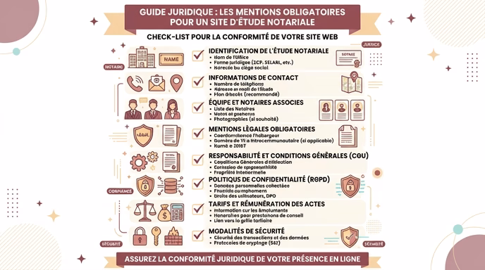 Professional infographic checklist of mandatory legal mentions for a French notarial office website, with scales of justice and shield icons, clean flat design, soft burgundy and warm cream color scheme, French language labels, white background