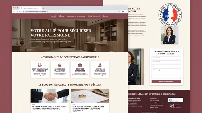 Annotated mockup of an ideal French notarial office website homepage showing notary qualité officier public badge, professional notary photo in business attire, list of patrimonial specializations, sober contact form, mandatory legal mentions footer, blog preview cards with patrimonial education topics, clean modern professional design with soft burgundy and warm cream colors, realistic browser frame
