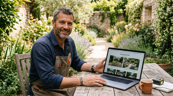 A French landscape gardener in his 40s sitting at a wooden table in his garden showing his professional website portfolio on a laptop, with before-after garden transformation photos visible on screen, realistic photography, natural daylight, shallow depth of field