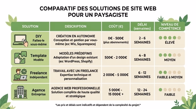 Clean infographic comparison table showing 4 website solutions for a landscape gardener: DIY laptop icon, template puzzle icon, freelancer person icon, agency building icon, each with price range in euros, time in weeks, and skill level dots, white background, flat design, fresh green and beige color scheme