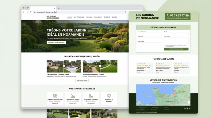 Annotated mockup of an ideal landscape gardener website homepage showing key elements: prominent phone number top right, before-after photo gallery of landscaping projects, services list, quote request form, customer reviews, service area map of Normandy region, clean modern design, fresh green color scheme, realistic web browser frame on a desktop