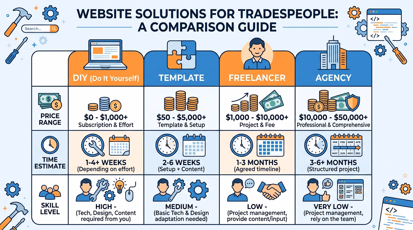 Comparatif des 4 solutions pour creer un site de plombier : DIY, template, freelance et agence