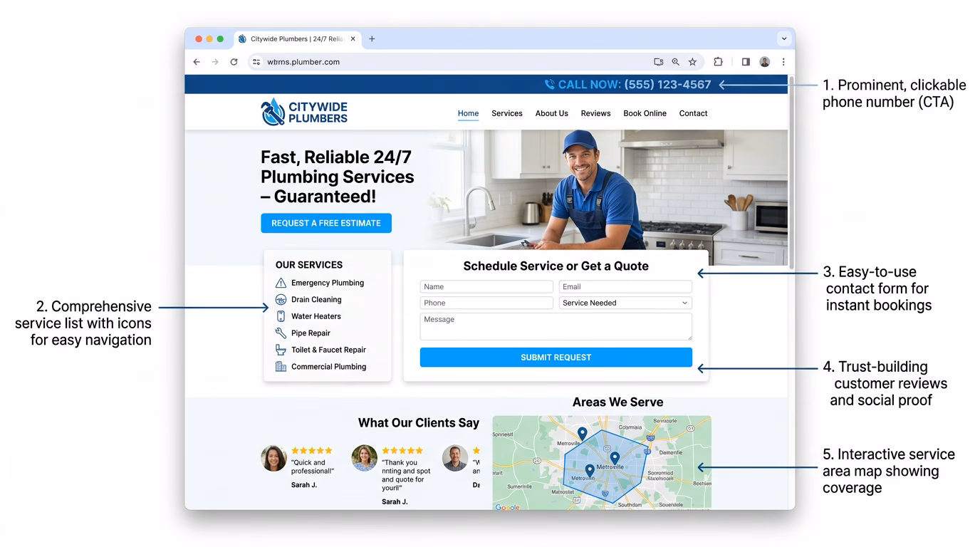 Exemple de site internet plombier avec les elements indispensables : services, contact, avis et zone d'intervention