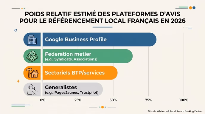 Editorial flat infographic, horizontal bar chart showing the estimated relative weight of review platforms for French local SEO in 2026. Bars labelled in French: 'Google Business Profile' longest, 'Federation metier', 'Sectoriels BTP/services', 'Generalistes' shortest. Off-white background, sober blue/green/orange/grey palette, small footnote citing Whitespark Local Search Ranking Factors. 16:9 aspect.