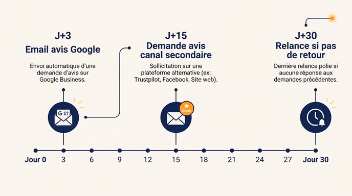 Editorial flat timeline schema, post-project review request sequence over 30 days. Horizontal line, days 0 to 30. Steps with simple icons: 'J+3 Email avis Google' (envelope), 'J+15 Demande avis canal secondaire' (envelope with circle badge), 'J+30 Relance si pas de retour' (clock). Navy blue with warm orange accent, off-white background, French labels, 16:9 aspect.