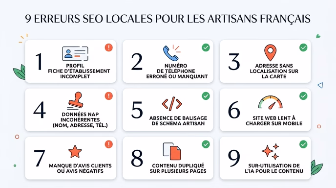 Clean modern editorial infographic showing 9 numbered SEO local errors for French craftsmen arranged in a 3x3 grid, each error represented by a simple line icon (incomplete profile card, broken phone, missing red map pin, mismatched paperwork stamp, code brackets, slow speedometer gauge, single lonely review star, copy-paste duplication icon, AI sparkle), white background, flat minimalist design with red warning indicators and green correction checkmarks, short French labels under each icon, professional informative magazine style, no photography