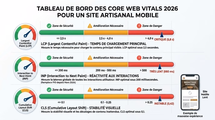 Modern dashboard data visualization showing the three Core Web Vitals 2026 thresholds for a mobile artisan website, displayed as three horizontal gauge bars with green safe zones and red danger zones, LCP under 2.5 seconds, INP under 200 milliseconds clearly labeled as the new 2024 metric replacing FID, CLS under 0.1, clean white background with subtle grid lines, French metric labels and short explanations, a smartphone mockup in the corner showing a slow-loading artisan website, professional informative editorial infographic style