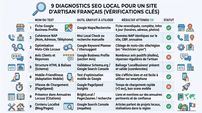 Clean checklist-style visual showing 9 SEO local diagnostic tests for a French artisan website displayed as a vertical table with 4 columns (Test name in French, free tool to use, expected OK result, status icon), each row with a small icon indicating green check or red cross, professional scannable mobile-friendly design, white background with subtle row separators, French language, magnifying glass icon in the header, editorial infographic style
