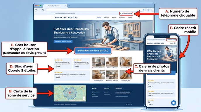 Annotated screenshot-style illustration of an ideal artisan website homepage with red arrows highlighting key conversion elements: clickable phone number top-right, service area map, real customer photos gallery, 5-star Google reviews block, big CTA button, mobile responsive frame, professional blue and white color scheme