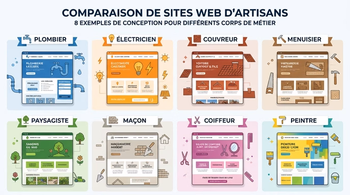 Clean comparison grid infographic showing 8 different artisan trade websites side by side (plumber, electrician, roofer, carpenter, landscaper, mason, hairdresser, painter), each mini-mockup with distinctive color scheme and layout, isometric flat design, professional blue and orange accents, white background, French labels