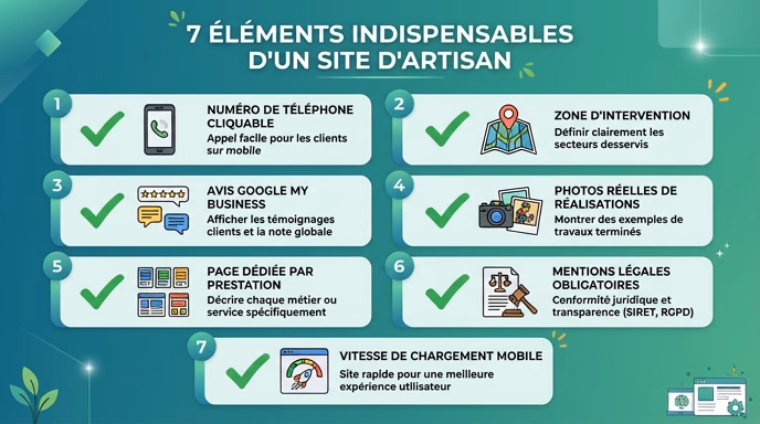 Simple checklist infographic showing the 7 non-negotiable elements of a good artisan website: clickable phone, service area, Google reviews, real photos, per-trade page, legal mentions, mobile speed. Each item with an icon and short French label. Green checkmarks, clean minimal design, professional gradient background