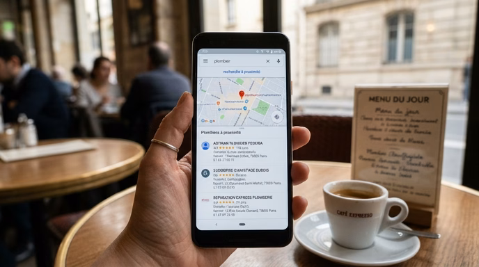 Close-up smartphone screen showing a Google Maps local pack with three plumber business listings in a French urban context, star ratings visible, soft natural light. Realistic editorial photography, no recognizable brand logos, French setting.
