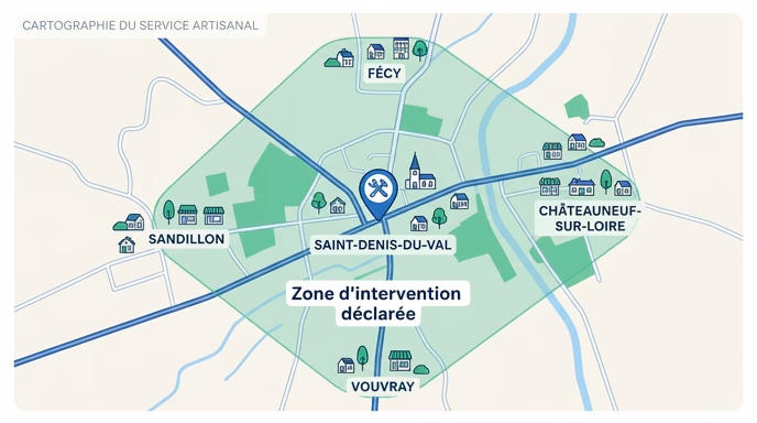 Minimalist editorial flat vector diagram of a French urban service area. Central pin marked with a tool icon for the artisan base location, soft rounded transparent polygon overlay covering 4 to 5 neighboring towns. Small French caption 'Zone d'intervention déclarée'. Blue and green palette, no Google branding, 4:3 ratio.