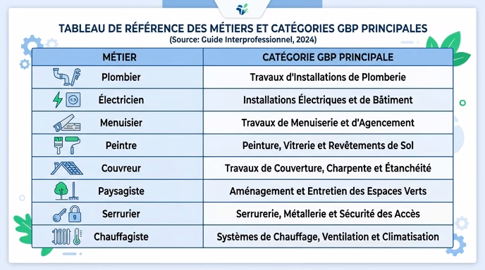 Editorial flat infographic showing a 2-column table on white background. Left column 'Métier', right column 'Catégorie GBP principale' with 8 rows: plombier, électricien, menuisier, peintre, couvreur, paysagiste, serrurier, chauffagiste. Simple line icons next to each profession. Blue and white palette with a green accent. French text, citation-friendly editorial style, 4:3 ratio.