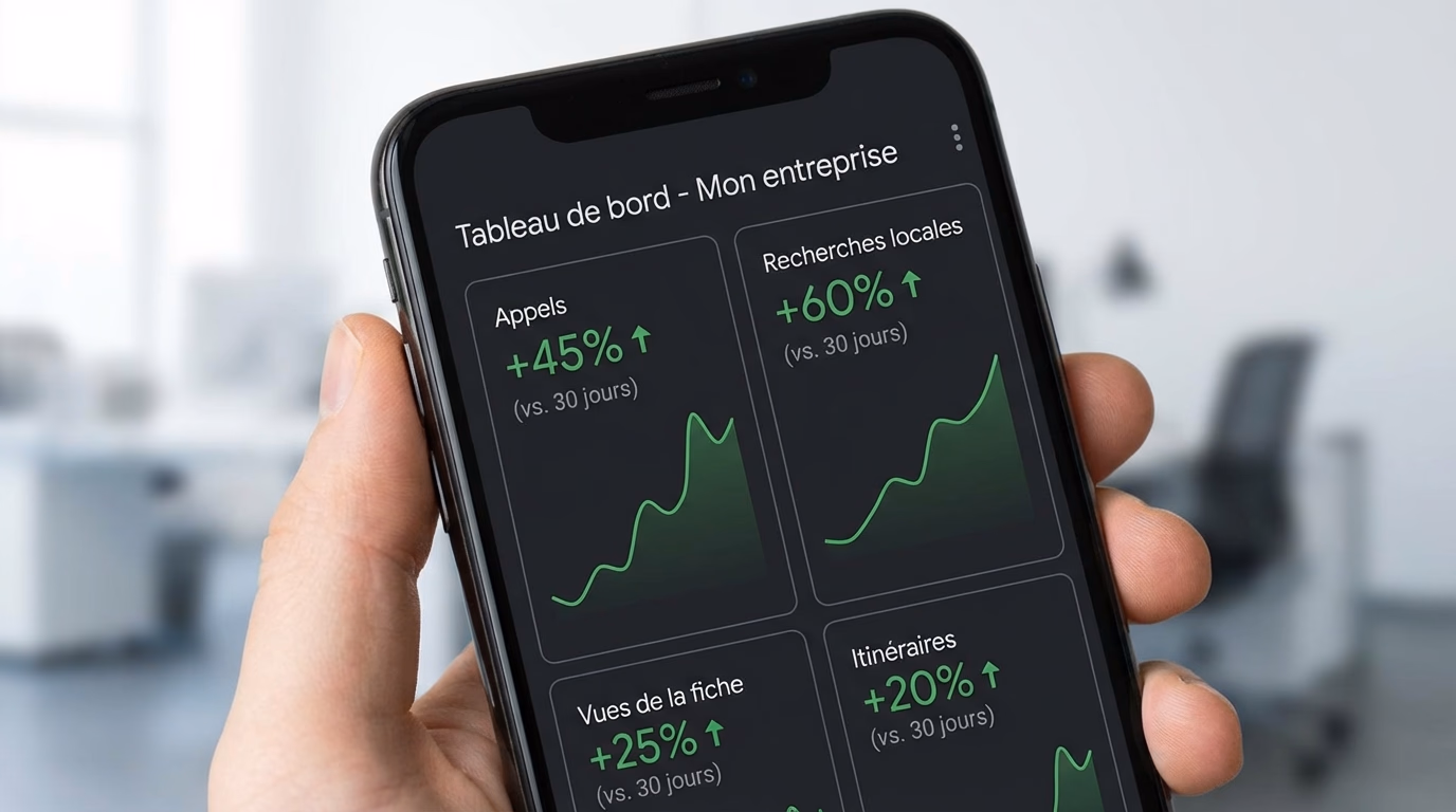 Tableau de bord Google Business Profile sur smartphone montrant une forte croissance des appels et des recherches locales