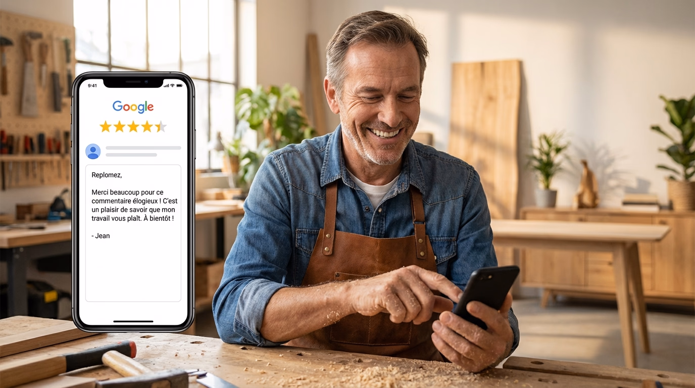 Artisan souriant répondant à un avis client positif sur son smartphone dans son atelier